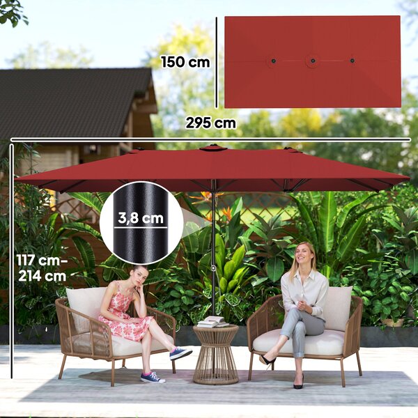 Outsunny obdélníkový slunečník s dvojitou plachtou, 150 × 295 cm, nastavitelná výška a sklon, vínově červený | Aosom