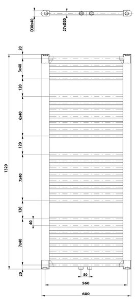 Aqualine Sapho, DIRECT otopné těleso se středovým připojením, 600x1320 mm, 795 W, bílá