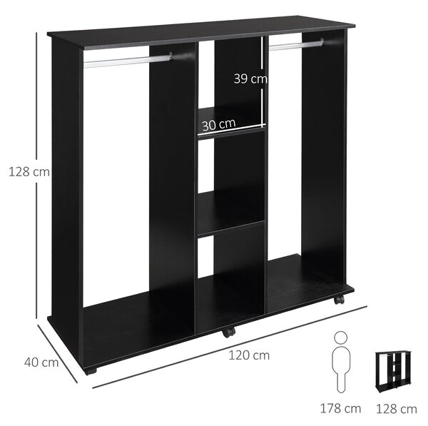 HOMCOM Skříň s kolečky - Oblečení, Skříň s závěsnou tyčí, Otevřené police, Organizér do ložnice 120x40x128cm Černá | Aosom
