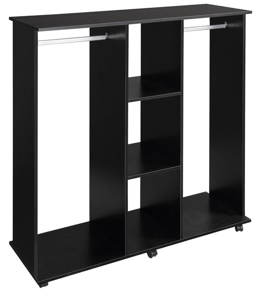 HOMCOM Skříň s kolečky - Oblečení, Skříň s závěsnou tyčí, Otevřené police, Organizér do ložnice 120x40x128cm Černá | Aosom
