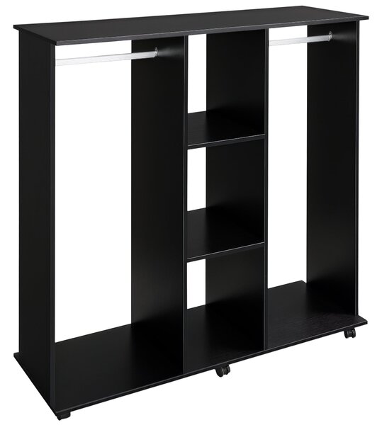 HOMCOM Skříň s kolečky - Oblečení, Skříň s závěsnou tyčí, Otevřené police, Organizér do ložnice 120x40x128cm Černá | Aosom