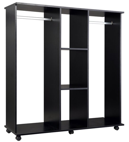 HOMCOM Skříň s kolečky - Oblečení, Skříň s závěsnou tyčí, Otevřené police, Organizér do ložnice 120x40x128cm Černá | Aosom