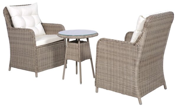 3dílný bistro set s poduškami a polštáři hnědý polyratanový