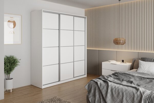 Česká šatní skříň NEJBY BARNABA 180 cm s posuvnými dveřmi, 4 šuplíky a 2 šatními tyčemi, bílá