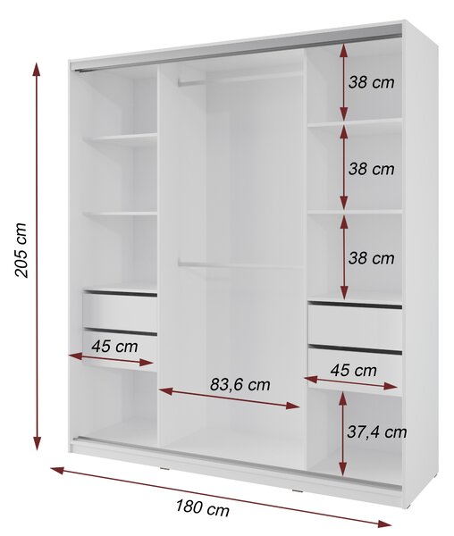 Česká šatní skříň NEJBY BARNABA 180 cm s posuvnými dveřmi, 4 šuplíky a 2 šatními tyčemi, bílá