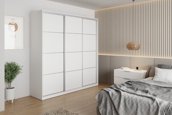 Česká šatní skříň NEJBY BARNABA 200 cm s posuvnými dveřmi, 4 šuplíky a 2 šatními tyčemi, bílá