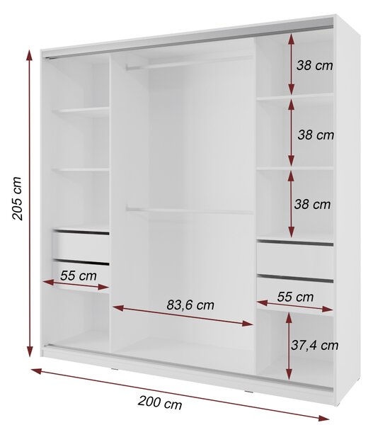 Česká šatní skříň NEJBY BARNABA 200 cm s posuvnými dveřmi, 4 šuplíky a 2 šatními tyčemi, bílá