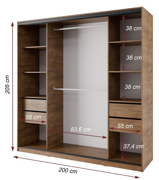 Česká šatní skříň NEJBY BARNABA 200 cm s posuvnými dveřmi,zrcadlem,4 šuplíky a 2 šatními tyčemi,dub lefkas