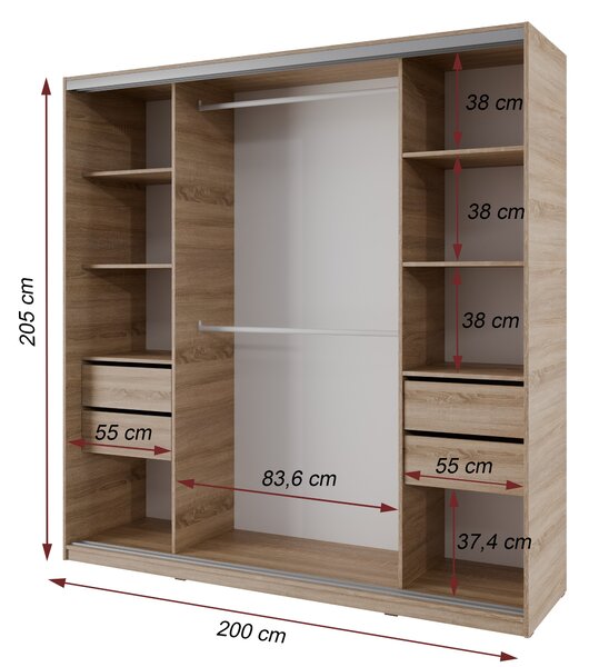 Česká šatní skříň NEJBY BARNABA 200 cm s posuvnými dveřmi, 4 šuplíky a 2 šatními tyčemi, dub sonoma