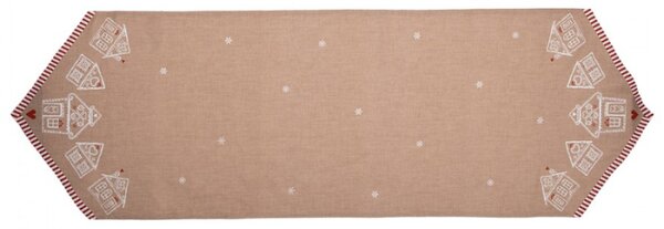 Hnědý bavlněný běhoun s motivem perníkových domečků Gingerbread Bliss – 50x160 cm
