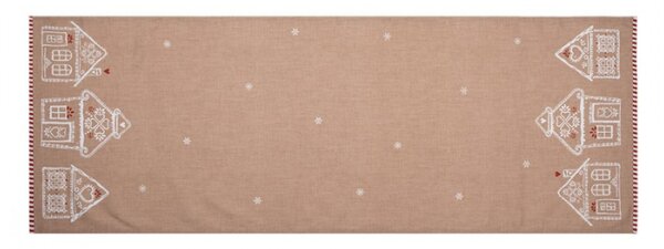 Hnědý bavlněný běhoun s motivem perníkových domečků Gingerbread Bliss – 50x140 cm