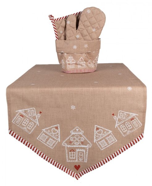 Hnědý bavlněný běhoun s motivem perníkových domečků Gingerbread Bliss – 50x160 cm