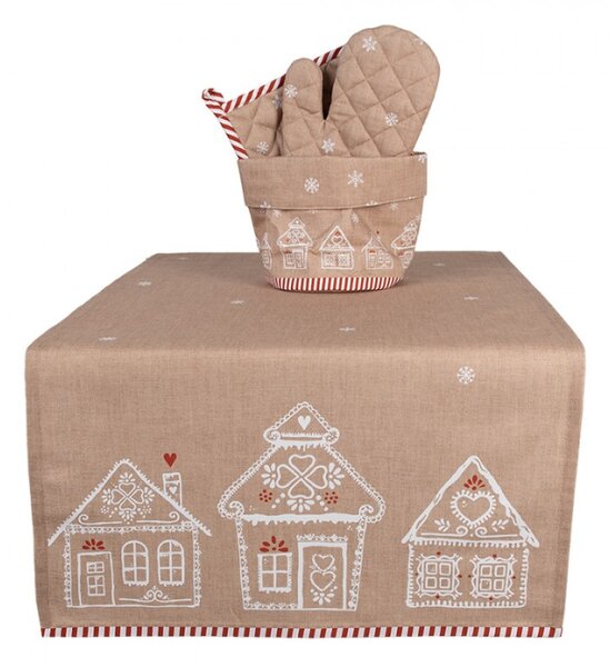 Hnědý bavlněný běhoun s motivem perníkových domečků Gingerbread Bliss – 50x140 cm
