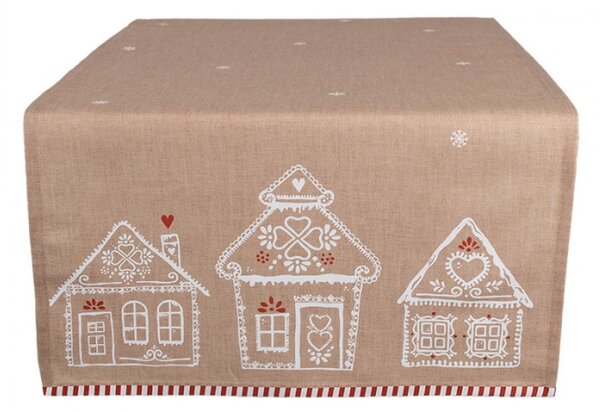 Hnědý bavlněný běhoun s motivem perníkových domečků Gingerbread Bliss – 50x140 cm