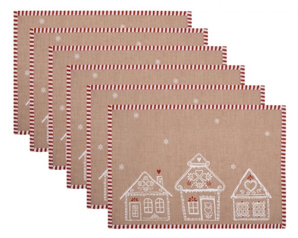 Sada 6 bavlněných prostírání s motivem perníkových domečků Gingerbread Bliss – 48x33 cm