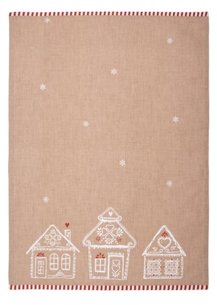 Hnědá bavlněná utěrka s motivem perníkových domečků Gingerbread Bliss II – 50x70 cm