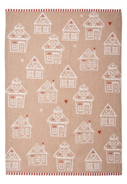 Hnědá bavlněná utěrka s motivem perníkových domečků Gingerbread Bliss I – 50x70 cm