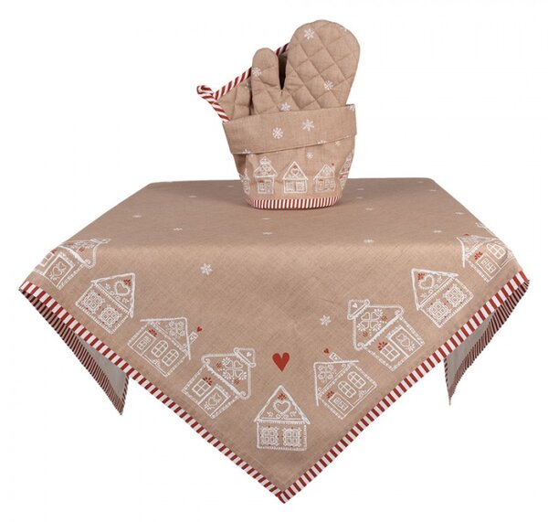 Hnědý bavlněný ubrus s motivem perníkových domečků Gingerbread Bliss – 100x100 cm