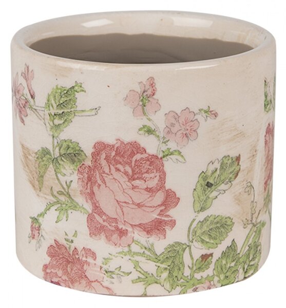 Béžový keramický obal na květináč s růžovými růžemi Valerie – 11x9 cm
