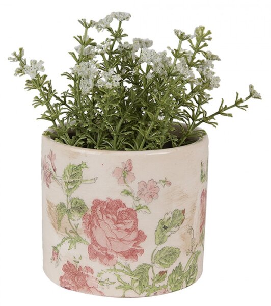 Béžový keramický obal na květináč s růžovými růžemi Valerie – 11x9 cm