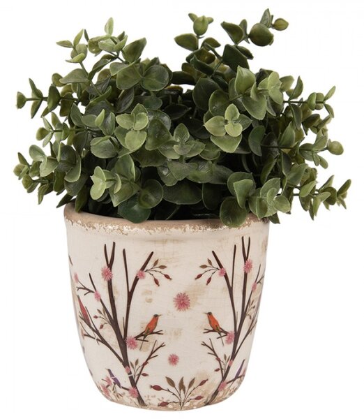 Béžový keramický obal na květináč s keři, šípky a ptáčky Satin – 13x12 cm