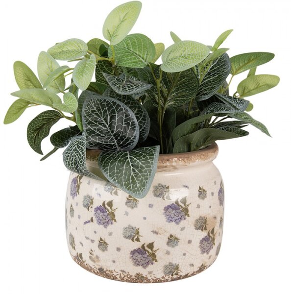 Béžový keramický obal na květináč s květy hortenzie Harrie – 20x15 cm
