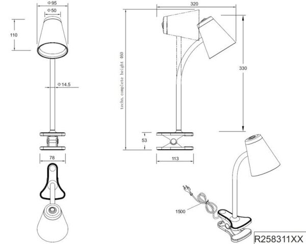 Trio Leuchten R25831102 PONGO - Čtecí lampička se skřipcem v černé barvě, LED 4,5W, 500lm, 3000K (LED lampa na čtení s vypínačem na stínidle)