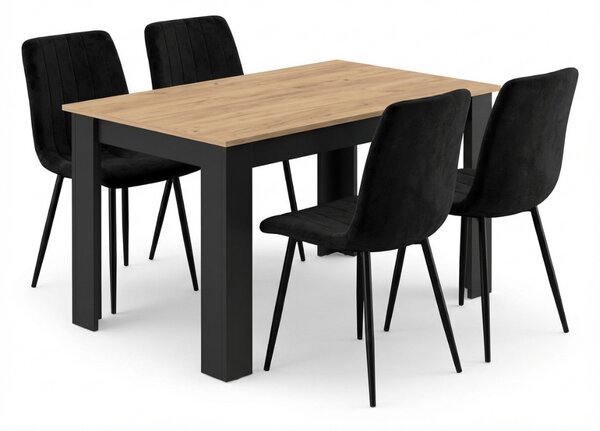 Jídelní set 1 + 4, stůl MADO 120x80 cm černá/dub artisan + černá sametová židle LAVA s černými nohami