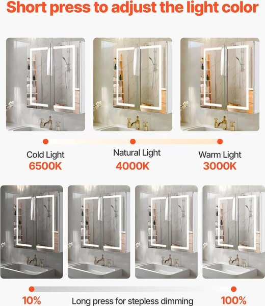 Zrcadlová skříňka do koupelny s osvětlením - 65 x 65 cm - LED, stmívatelná - s funkcí proti zamlžování