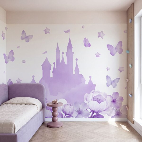 Fototapeta Fialový zámek s květinami a motýly, Fototapety s motýly, Populární fototapety - Tapeko.co.cz
