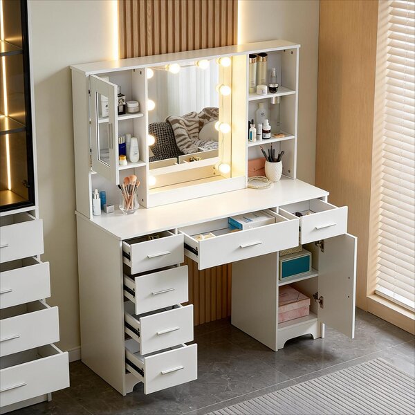 Toaletní stolek s zrcadlem - bílý - šířka 109 cm - materiál: MDF a sklo - moderní design - toaletní stolek