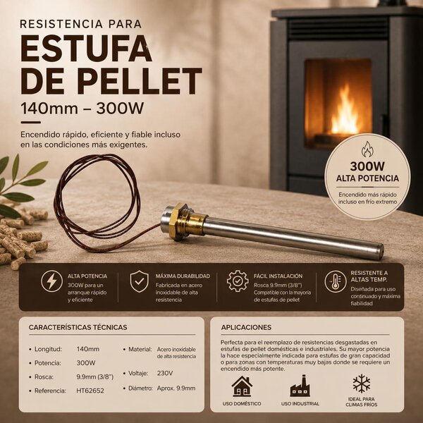 Topný odpor pro peletové kamna, průměr 9,9 mm, délka 140 mm, výkon 300 W