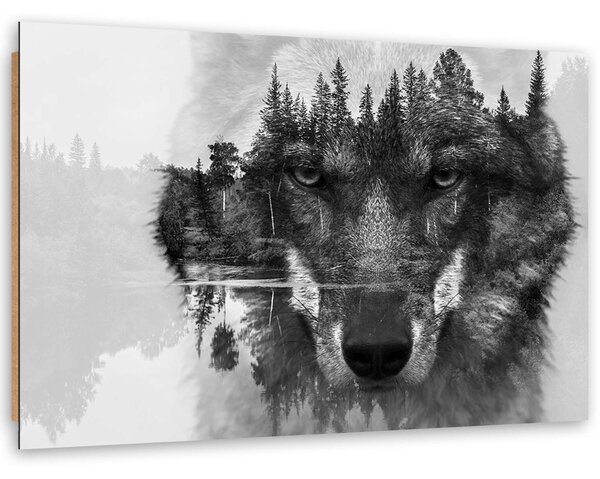 Obraz Černý vlk na pozadí lesa a jezera abstraktní Velikost: 120 x 80 cm, Provedení: Panelový obraz