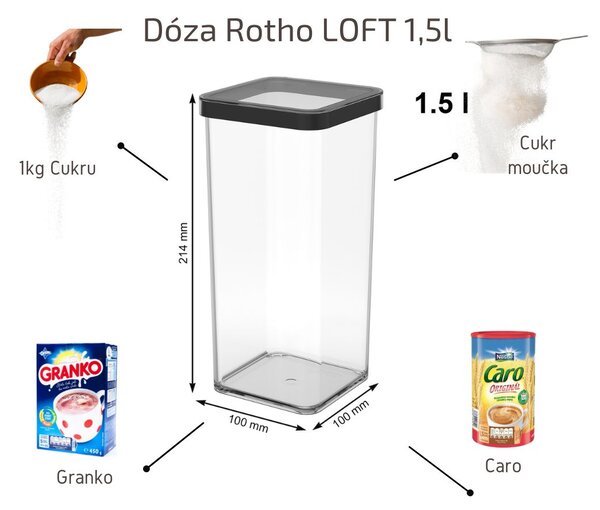 Dóza na potraviny 1,5 l Rotho Loft - LONG Black, černá