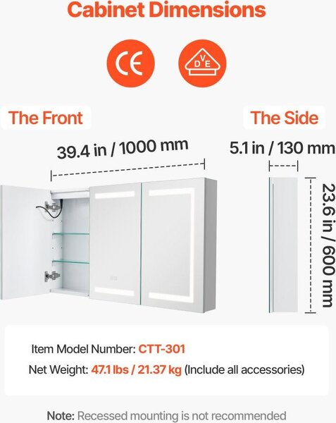 Zrcadlová skříňka do koupelny s LED osvětlením - 100 x 60 cm - tvrzené sklo - s zásuvkami a USB porty