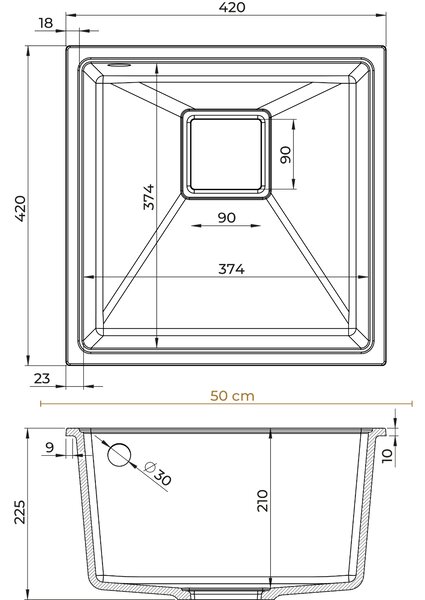 Sink Quality Argon 50, kuchyňský granitový dřez 420x420x225 mm + chromový sifon, bílá, SKQ-ARG.W.1KBO.50.X