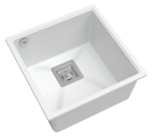 Sink Quality Argon 50, kuchyňský granitový dřez 420x420x225 mm + chromový sifon, bílá, SKQ-ARG.W.1KBO.50.X