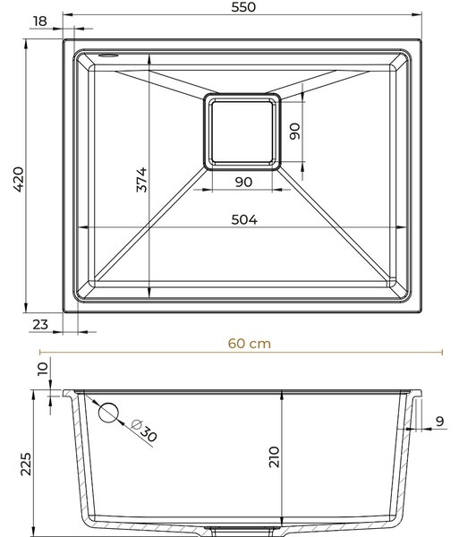 Sink Quality Argon 60, kuchyňský granitový dřez 550x420x225 mm + chromový sifon, černá, SKQ-ARG.C.1KBO.60.X