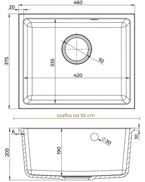 Sink Quality Crypton 55, kuchyňský granitový dřez 460x375x205 mm + černý sifon, černá, SKQ-CRY.C.1KBO.55.XB