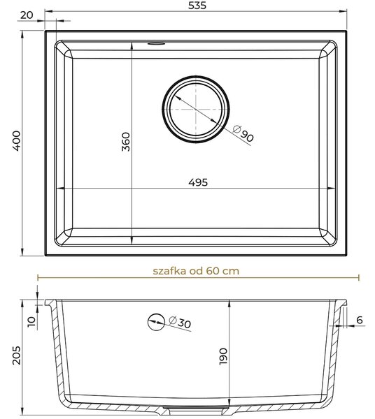 Sink Quality Crypton 60, kuchyňský granitový dřez 535x400x205 mm + černý sifon, bílá, SKQ-CRY.W.1KBO.60.XB