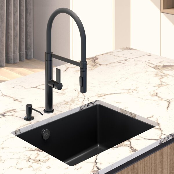 Sink Quality Crypton 60, kuchyňský granitový dřez 535x400x205 mm + černý sifon, bílá, SKQ-CRY.W.1KBO.60.XB