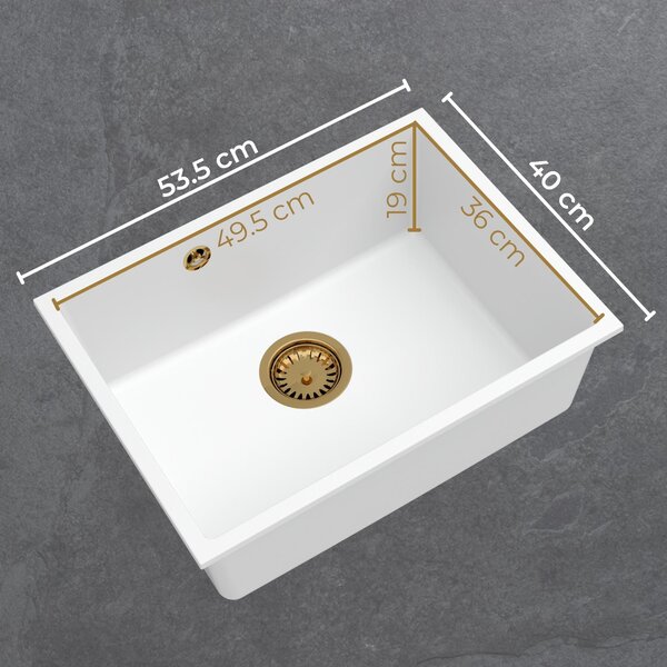 Sink Quality Crypton 60, kuchyňský granitový dřez 535x400x205 mm + černý sifon, bílá, SKQ-CRY.W.1KBO.60.XB