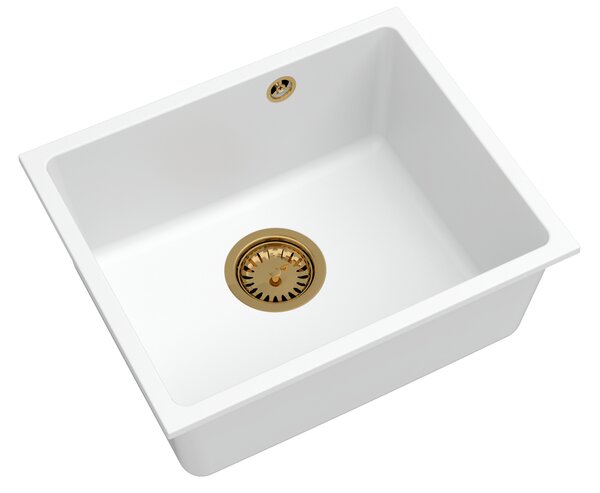 Sink Quality Crypton 55, kuchyňský granitový dřez 460x375x205 mm + zlatý sifon, bílá, SKQ-CRY.W.1KBO.55.XG
