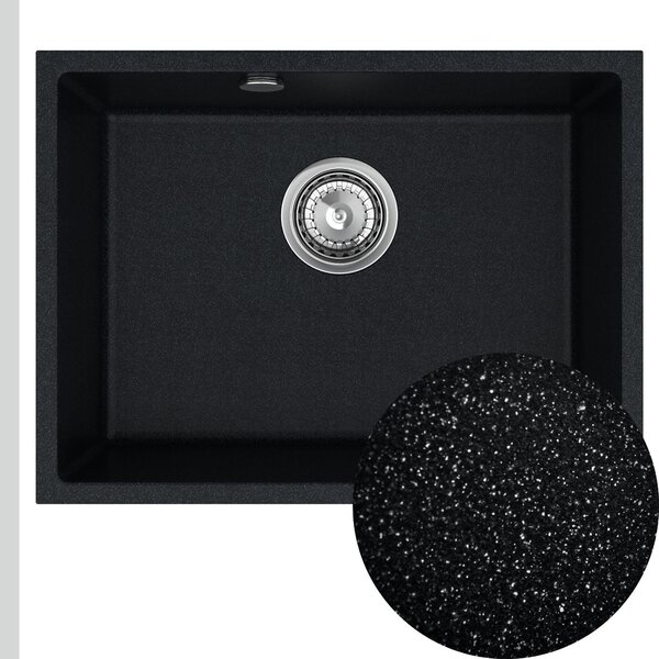 Sink Quality Crypton 60, kuchyňský granitový dřez 535x400x205 mm + chromový sifon, černá skvrnitá, SKQ-CRY.B.1KBO.60.X