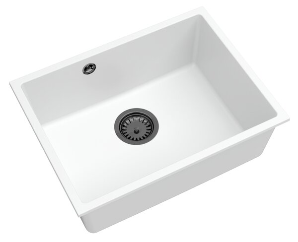 Sink Quality Crypton 60, kuchyňský granitový dřez 535x400x205 mm + černý sifon, bílá, SKQ-CRY.W.1KBO.60.XB
