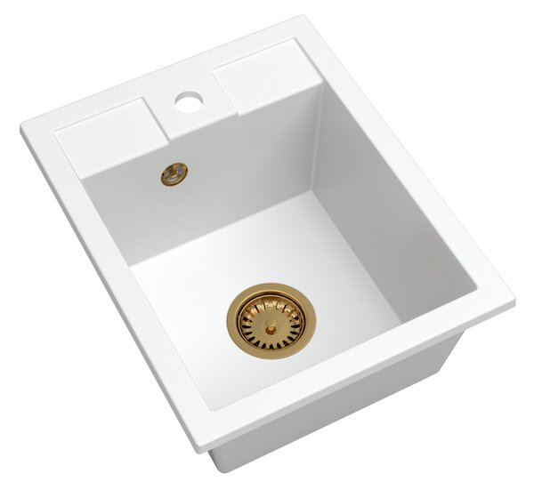 Sink Quality Ferrum 40, kuchyňský granitový dřez 400x500x195 mm + zlatý sifon, bílá, SKQ-FER.W.1K40.XG