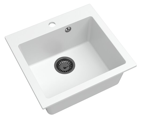 Sink Quality Ferrum 50, kuchyňský granitový dřez 490x450x195 mm + černý sifon, bílá, SKQ-FER.W.1K50.XB