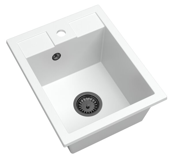 Sink Quality Ferrum 40, kuchyňský granitový dřez 400x500x195 mm + černý sifon, bílá, SKQ-FER.W.1K40.XB