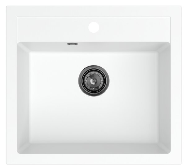 Sink Quality Ferrum, kuchyňský granitový dřez 565x510x205 mm + černý sifon, bílá, SKQ-FER.W.1K60.XB