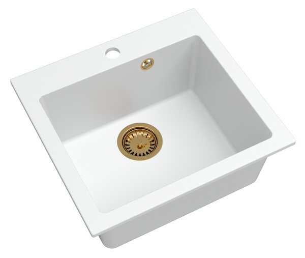 Sink Quality Ferrum 50, kuchyňský granitový dřez 490x450x195 mm + zlatý sifon, bílá, SKQ-FER.W.1K50.XG